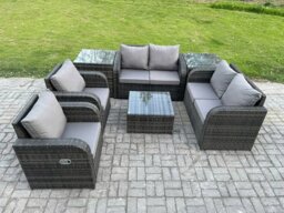 Rackhams 6 Seater Rattan Sofa Set Outdoor Garden Furniture Set with Square Coffee Table Loveseat Sofa Reclining Chairs 2 Side Tables Dark Grey Mixed - thumbnail 2