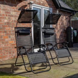 Rackhams Set of 2 Multi Position Garden Gravity Relaxer Chair Sun Lounger with Sun Canopy in Black - SunLoungers