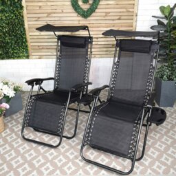 Rackhams Set of 2 Multi Position Garden Gravity Relaxer Chair Sun Lounger with Sun Canopy in Black - SunLoungers - thumbnail 2