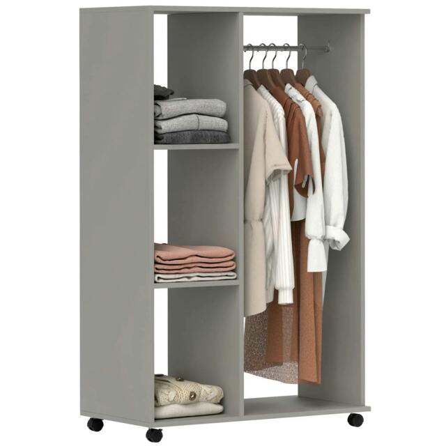 Rackhams Open Wardrobe on Wheels, Bedroom Wardrobe with Clothes Hanging Rail, 3 Storage Shelves, Mobile Garment Rack for Cloakroom, Hallway, Grey