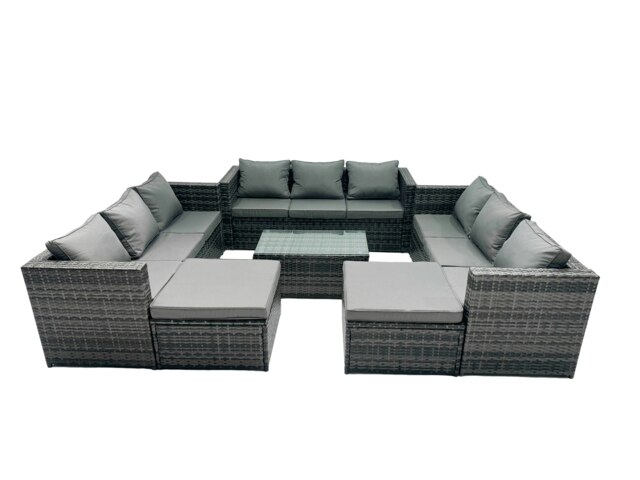 Rackhams Rattan Garden Furniture Dining Set 11 seater Patio Coffee Table Sofa Set with 2 Big Stools Dark Grey Mixed - image 1