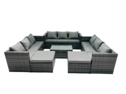 Rackhams Rattan Garden Furniture Dining Set 11 seater Patio Coffee Table Sofa Set with 2 Big Stools Dark Grey Mixed - thumbnail 1