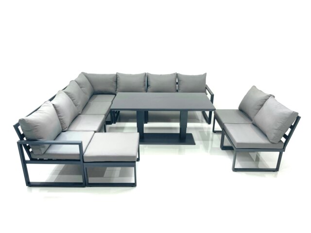 Rackhams 10 Seater Outdoor Aluminum Garden Furniture Set Corner Sofa Big Footstool Rising Lifting Dining Table Sets Dark Grey