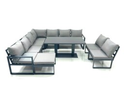 Rackhams 10 Seater Outdoor Aluminum Garden Furniture Set Corner Sofa Big Footstool Rising Lifting Dining Table Sets Dark Grey