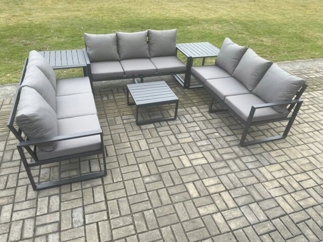Rackhams Aluminium 9 Seater Outdoor Garden Furniture Set Patio Lounge Sofa with Square Coffee Table 2 Side Tables Conservatory Set Dark Grey - image 1