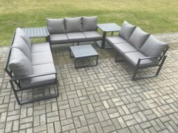 Rackhams Aluminium 9 Seater Outdoor Garden Furniture Set Patio Lounge Sofa with Square Coffee Table 2 Side Tables Conservatory Set Dark Grey - thumbnail 1
