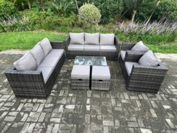 Rackhams Wicker PE Rattan Sofa Set Outdoor Patio Garden Furniture with 2 Armchairs Oblong Coffee Table 2 Small Footstools Dark Grey Mixed - thumbnail 1