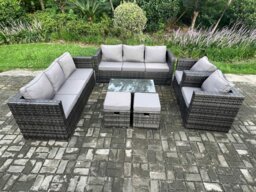 Rackhams Wicker PE Rattan Sofa Set Outdoor Patio Garden Furniture with 2 Armchairs Oblong Coffee Table 2 Small Footstools Dark Grey Mixed - thumbnail 2