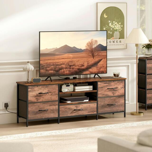 Rackhams TV Unit with Charging Station, TV Stand for TVs up to 65 Inch - Wood effect - 1 - Dark wood effect - image 1