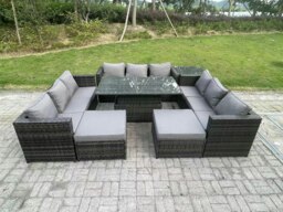 Rackhams 11-Seater Dark Grey Rattan Outdoor Sofa Set - Adjustable Rising Dining Table, Side Table, 2 Large Footstools - thumbnail 1