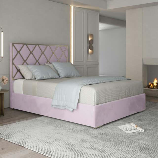 Rackhams Tammy Upholstered Soft Velvet Metal Bed Frame - Pink - Pink - Small double - image 1