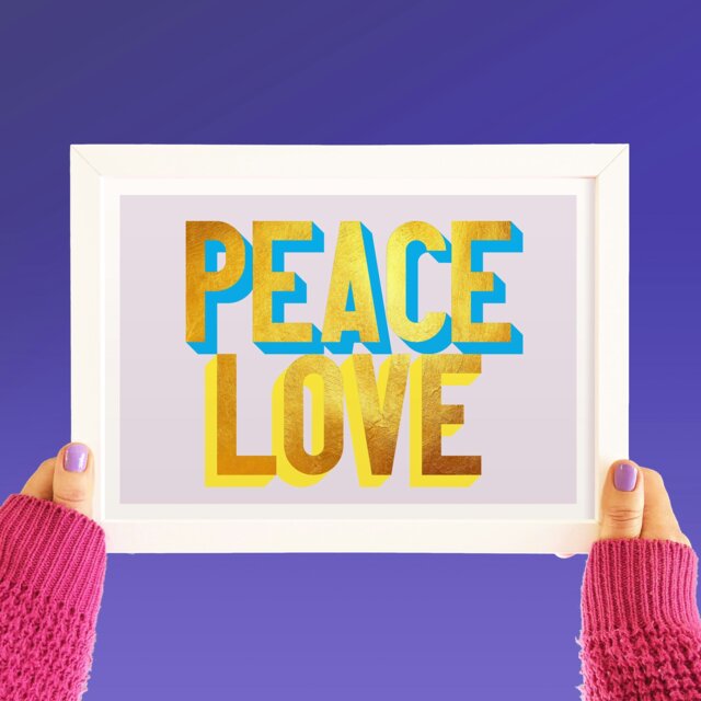 Rackhams Peace and Love golden words art print - White frame - image 1
