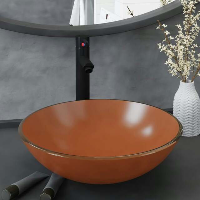 Rackhams Bathroom Sink with Tap and Push Drain Brown Tempered Glass