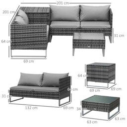 Rackhams 4Pcs Patio Rattan Sofa Garden Furniture Set with Cushion Grey - Orange - thumbnail 6