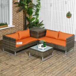 Rackhams 4Pcs Patio Rattan Sofa Garden Furniture Set with Cushion Grey - Orange - thumbnail 1