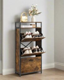 Rackhams Slim Rustic Brown & Black Shoe Cabinet with 3 Fold-Out Doors - Industrial Style