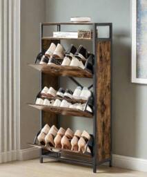 Rackhams Slim Rustic Brown & Black Shoe Cabinet with 3 Fold-Out Doors - Industrial Style - thumbnail 2