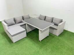 Rackhams Rattan Garden Furniture Dining Set 7 seater Patio Rectangular Table Sofa Set with Side Table Big Stool Light Grey - thumbnail 2