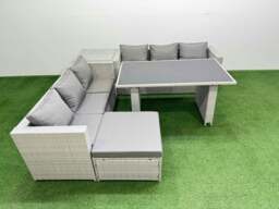 Rackhams Rattan Garden Furniture Dining Set 7 seater Patio Rectangular Table Sofa Set with Side Table Big Stool Light Grey
