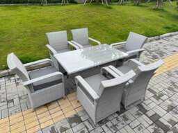 Rackhams Light Grey Rattan Outdoor Garden furniture Set Rectangular Table and 6 Chairs Set with Seat Cushion - thumbnail 2