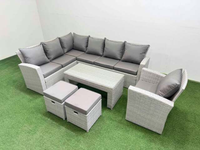 Rackhams Rattan Garden Furniture Set Outdoor 9 Seater Corner Sofa Sets with Oblong Coffee Table Chair 2 Small Footstools Light Grey Mixed - image 1