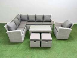 Rackhams Rattan Garden Furniture Set Outdoor 9 Seater Corner Sofa Sets with Oblong Coffee Table Chair 2 Small Footstools Light Grey Mixed - thumbnail 2