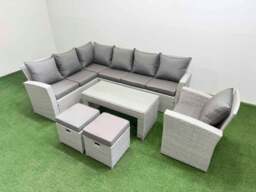 Rackhams Rattan Garden Furniture Set Outdoor 9 Seater Corner Sofa Sets with Oblong Coffee Table Chair 2 Small Footstools Light Grey Mixed - thumbnail 1