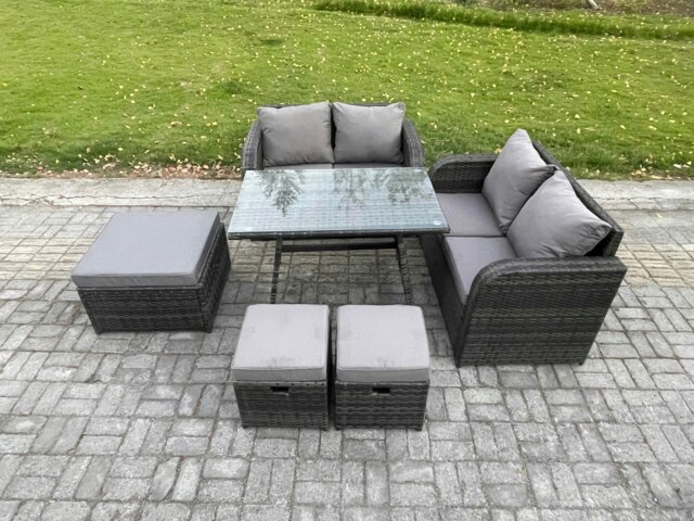 Rackhams Outdoor Garden Furniture Sets 6 Pieces Rattan Furniture Manual Wicker Patio Sofa Patio Conversation Set with 3 Footstools Dark Grey Mixed - image 1