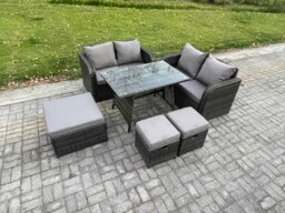 Rackhams Outdoor Garden Furniture Sets 6 Pieces Rattan Furniture Manual Wicker Patio Sofa Patio Conversation Set with 3 Footstools Dark Grey Mixed - thumbnail 2