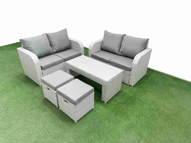Rackhams 6 Seater Outdoor Love Sofa Set Rattan Garden Furniture Set with Oblong Coffee Table 2 Small Stools Light Grey - image 1