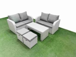 Rackhams 6 Seater Outdoor Love Sofa Set Rattan Garden Furniture Set with Oblong Coffee Table 2 Small Stools Light Grey - thumbnail 1