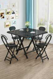 Rackhams 5pcs Folding Table and 4 Chairs Set Indoor Outdoor Bistro Kitchen Dining Set Furniture - Black - thumbnail 2