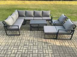 Rackhams Aluminium 11 Seater Outdoor Lounge Corner Sofa Set Garden Furniture Sets with Oblong Coffee Table 2 Chairs 3 Footstools Dark Grey - thumbnail 2