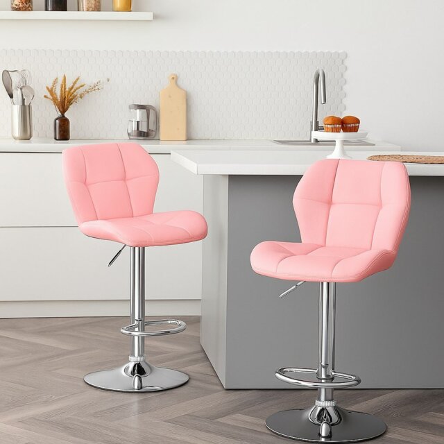 Rackhams Set of 2 Pink PU Leather Bar Stools – Adjustable Swivel Counter Chairs with Backrest - image 1