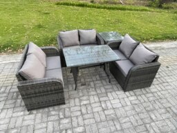 Rackhams Rattan Garden Furniture Set 6 Seater Patio Outdoor Love Sofa Set with Rectangular Dining Table Side Table Dark Grey Mixed - thumbnail 1