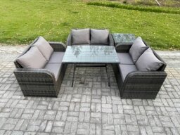 Rackhams Rattan Garden Furniture Set 6 Seater Patio Outdoor Love Sofa Set with Rectangular Dining Table Side Table Dark Grey Mixed - thumbnail 2