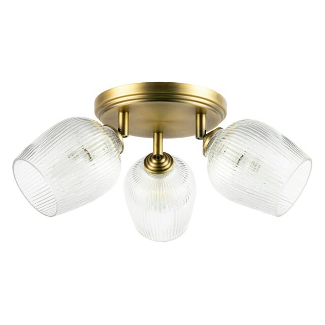 Rackhams Antique Brass Triple Spot Ceiling Light with Clear Ribbed Glass Shades - image 1