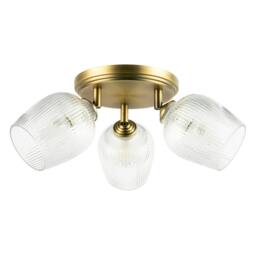 Rackhams Antique Brass Triple Spot Ceiling Light with Clear Ribbed Glass Shades - thumbnail 1