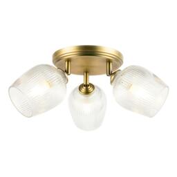 Rackhams Antique Brass Triple Spot Ceiling Light with Clear Ribbed Glass Shades - thumbnail 2