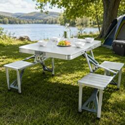 Rackhams Aluminium Folding Picnic Table & Chairs Set Portable Outdoor Camping Bench - thumbnail 2