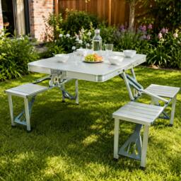 Rackhams Aluminium Folding Picnic Table & Chairs Set Portable Outdoor Camping Bench - thumbnail 3