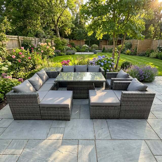 Rackhams Rattan Dining Table Sofa Set with Side Table 2 Armchair 2 Stools Outdoor 10 Seat Garden Furniture Set Dark Grey Mixed - image 1