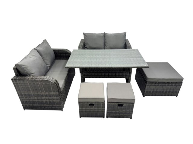 Rackhams Wicker PE Rattan Garden Outdoor Furniture Set Love Sofa Dining Table Sets with 3 Stools Dark Grey Mixed - image 1