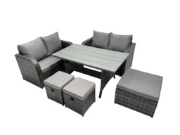 Rackhams Wicker PE Rattan Garden Outdoor Furniture Set Love Sofa Dining Table Sets with 3 Stools Dark Grey Mixed - thumbnail 2