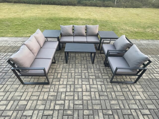 Rackhams Aluminium 7 Pieces Garden Furniture Set with Cushions 8 Seater Outdoor Patio Lounge Sofa Set with 2 Armchairs 2 Side Tables Dark Grey - image 1