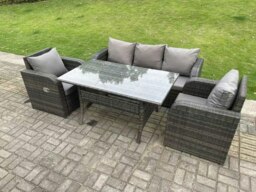 Rackhams Dark Grey PE Wicker Rattan Garden Furniture Set 3 Seater Lounge Sofa Reclining Chair Outdoor Rectangular Dining Table 5 Seater - thumbnail 1