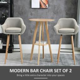 Rackhams Set of 2 Bar Stools Modern Upholstered Seat Bar Chairs w/ Metal Frame, Solid Wood Legs Living Room Dining Room Fabric Furniture - Beige - thumbnail 4