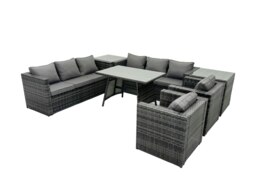 Rackhams Rattan Dining Table Sofa Set with Armchair 2 Side Tables Outdoor 8 Seat Garden Furniture Set Dark Grey Mixed - thumbnail 1