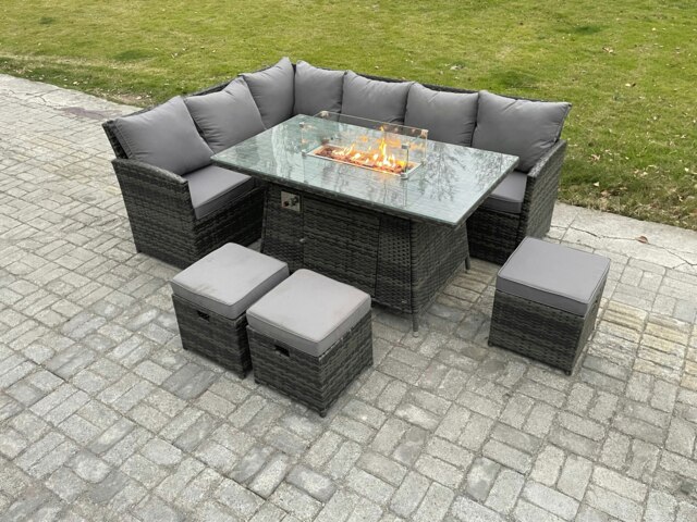 Rackhams Rattan Garden Furniture High Back Corner Sofa Gas Fire Pit Dining Table Sets Gas Heater with 3 Small Footstools 9 Seater Dark Grey Mixed - image 1