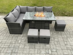 Rackhams Rattan Garden Furniture High Back Corner Sofa Gas Fire Pit Dining Table Sets Gas Heater with 3 Small Footstools 9 Seater Dark Grey Mixed - thumbnail 2